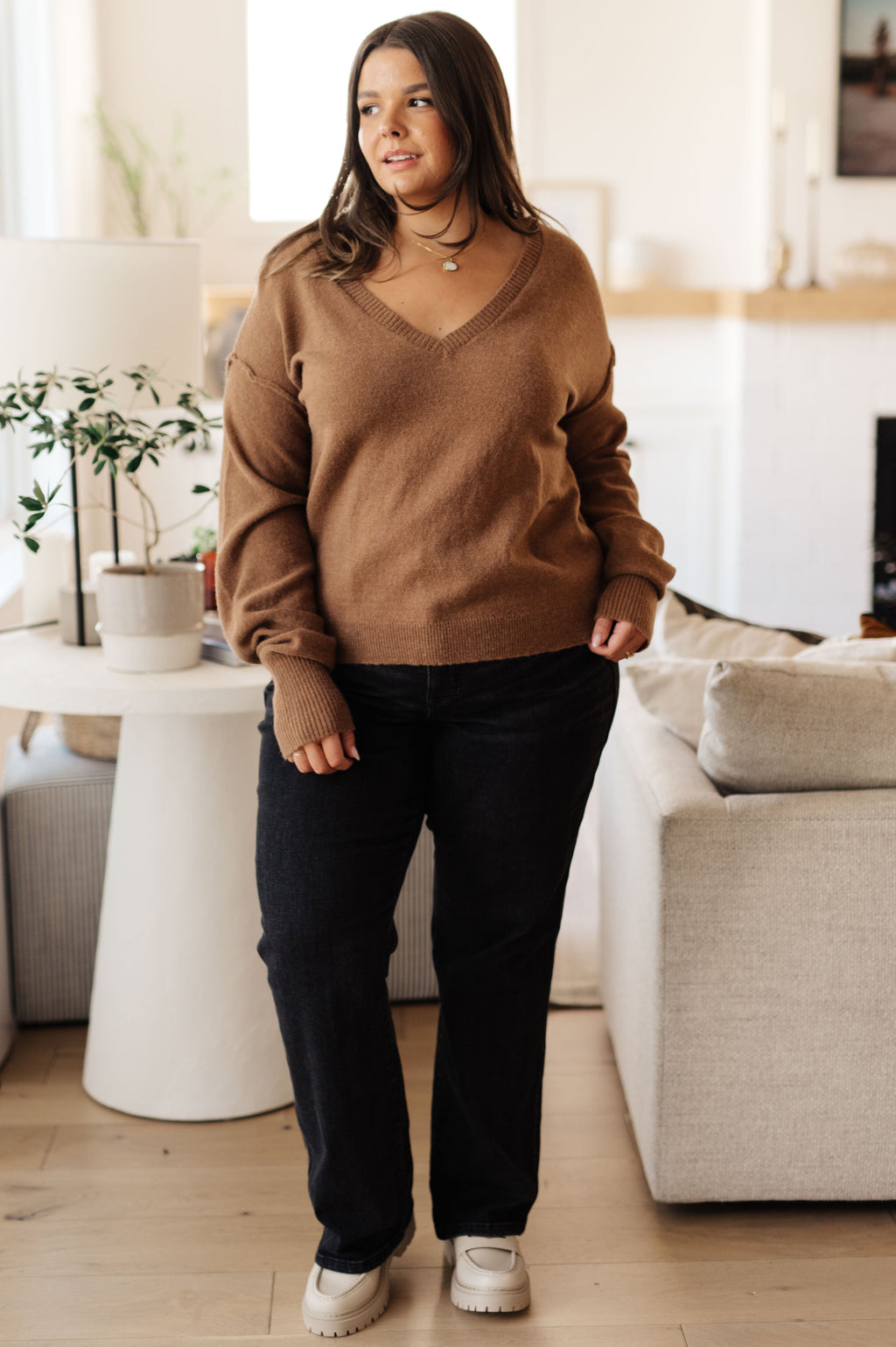 Warm Welcome V-Neck Sweater in Mocha