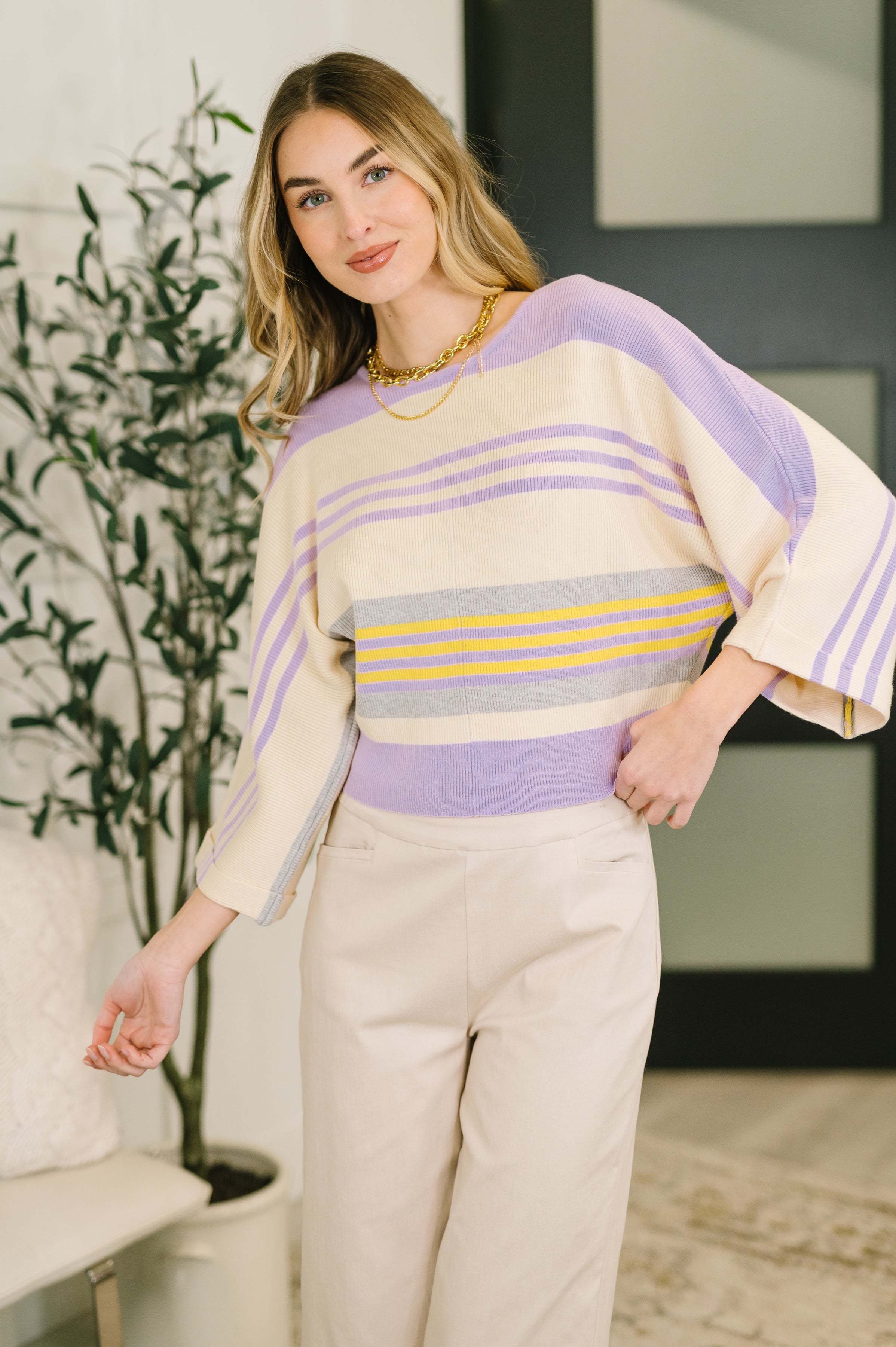 Striped Dolman Sleeve Sweater Top