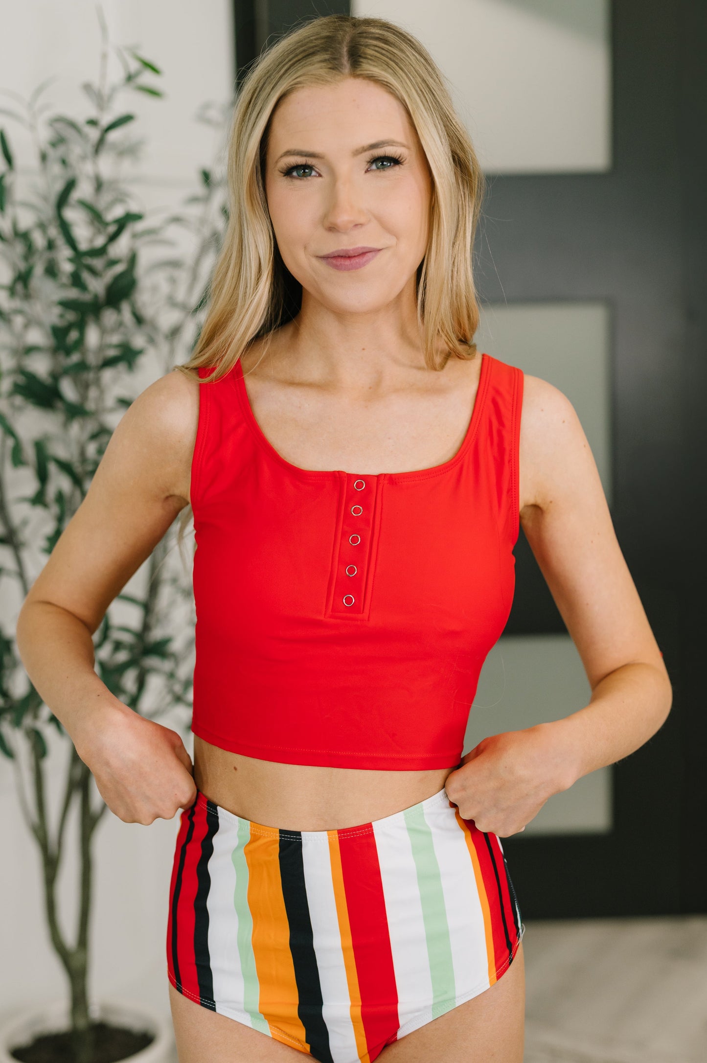 High Waist Stripe Swim Bottoms in Red