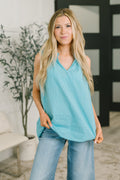 Camellia Embroidered Tank in Aqua