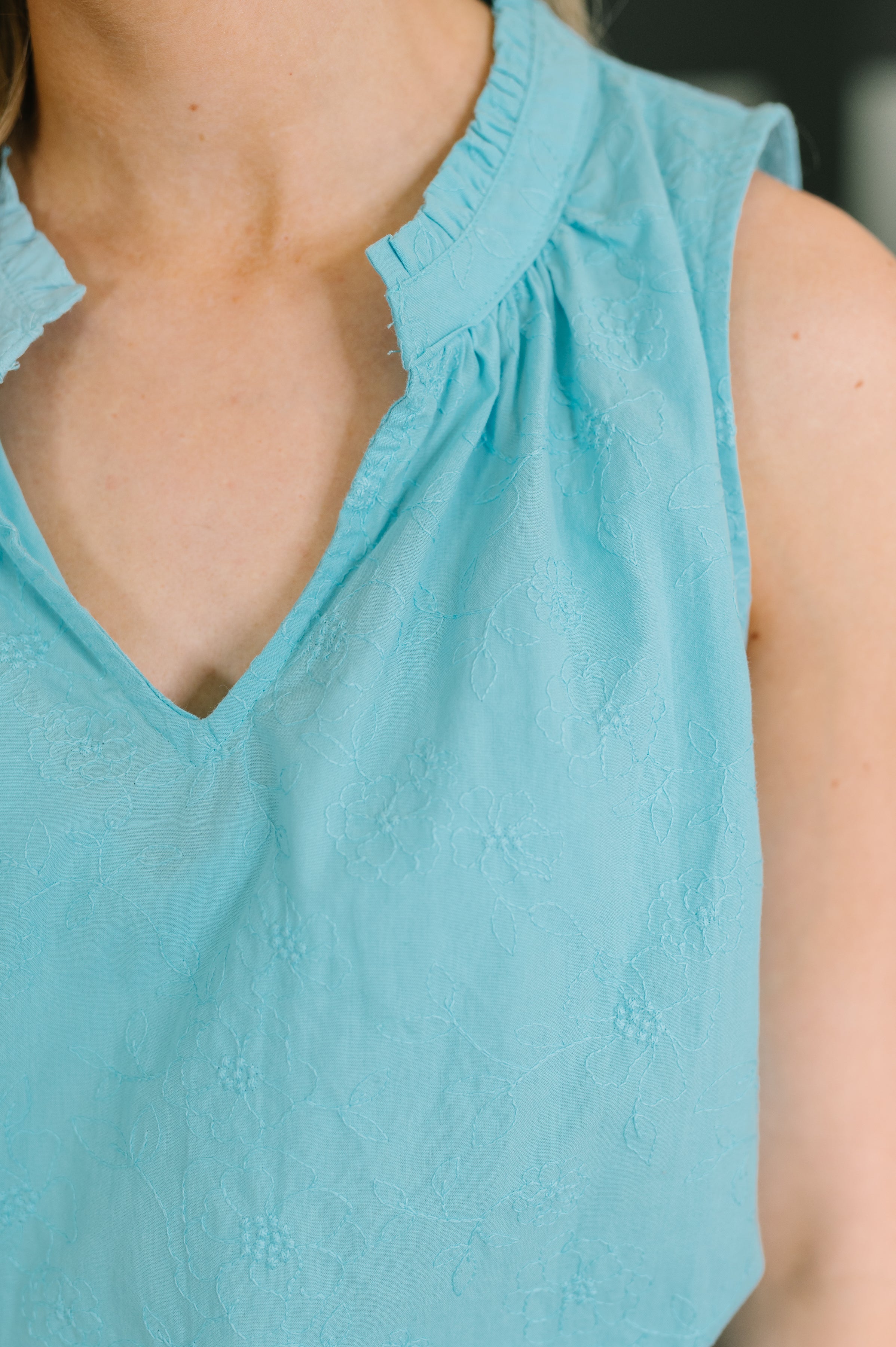 Camellia Embroidered Tank in Aqua