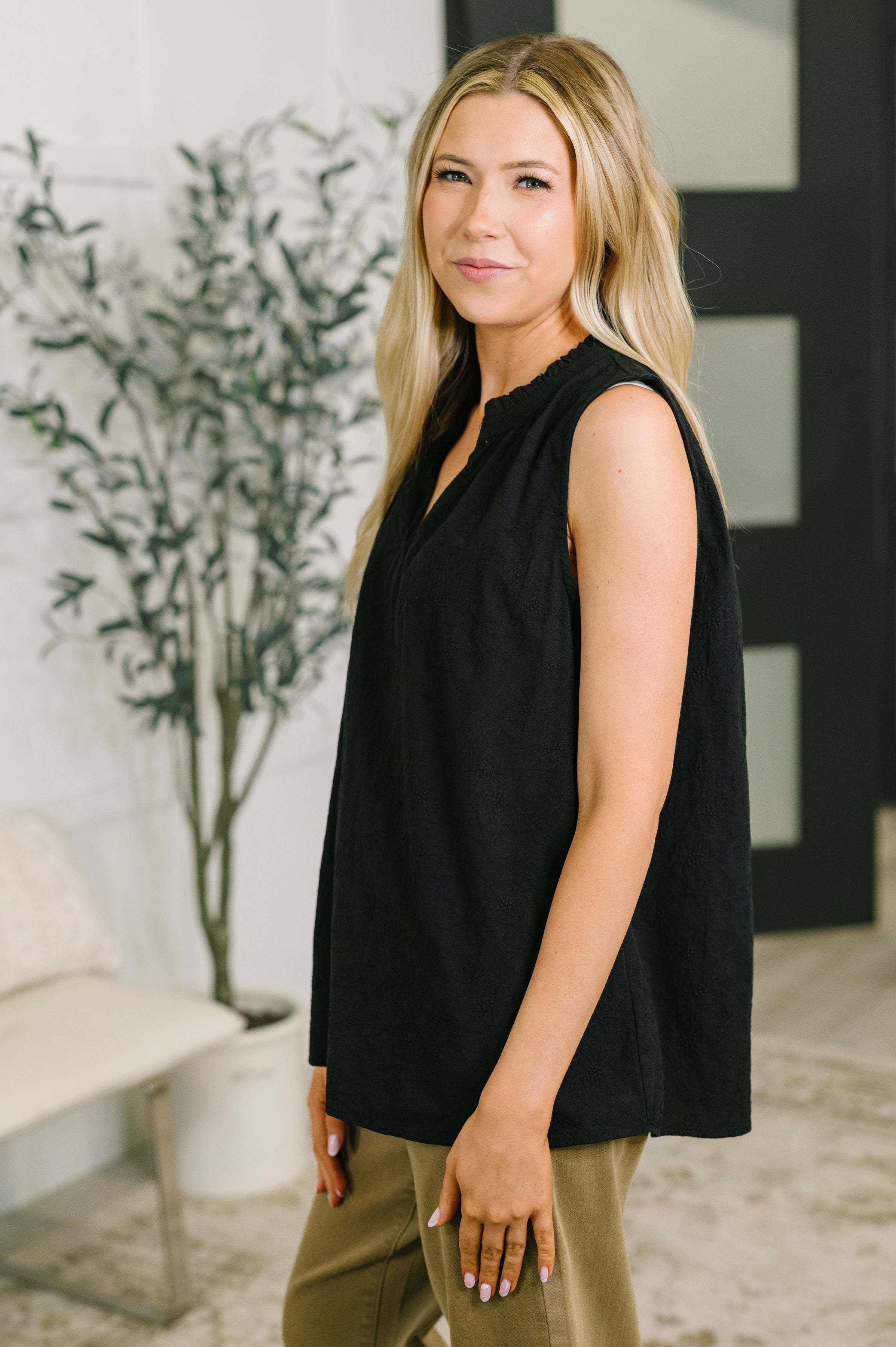 Camellia Embroidered Tank in Black