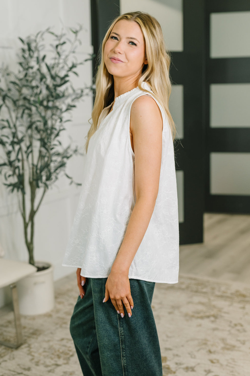 Camellia Embroidered Tank in Off White