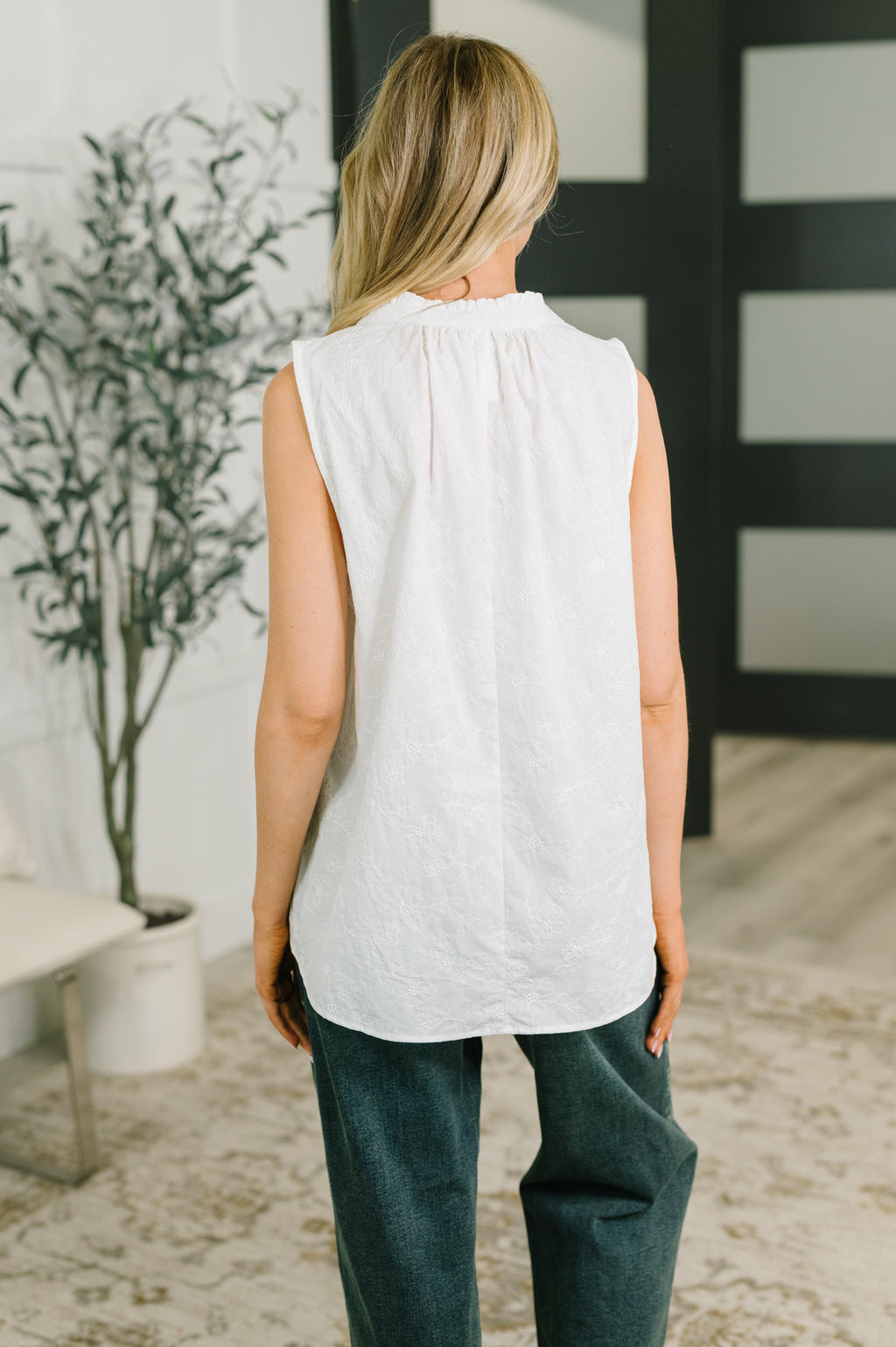 Camellia Embroidered Tank in Off White