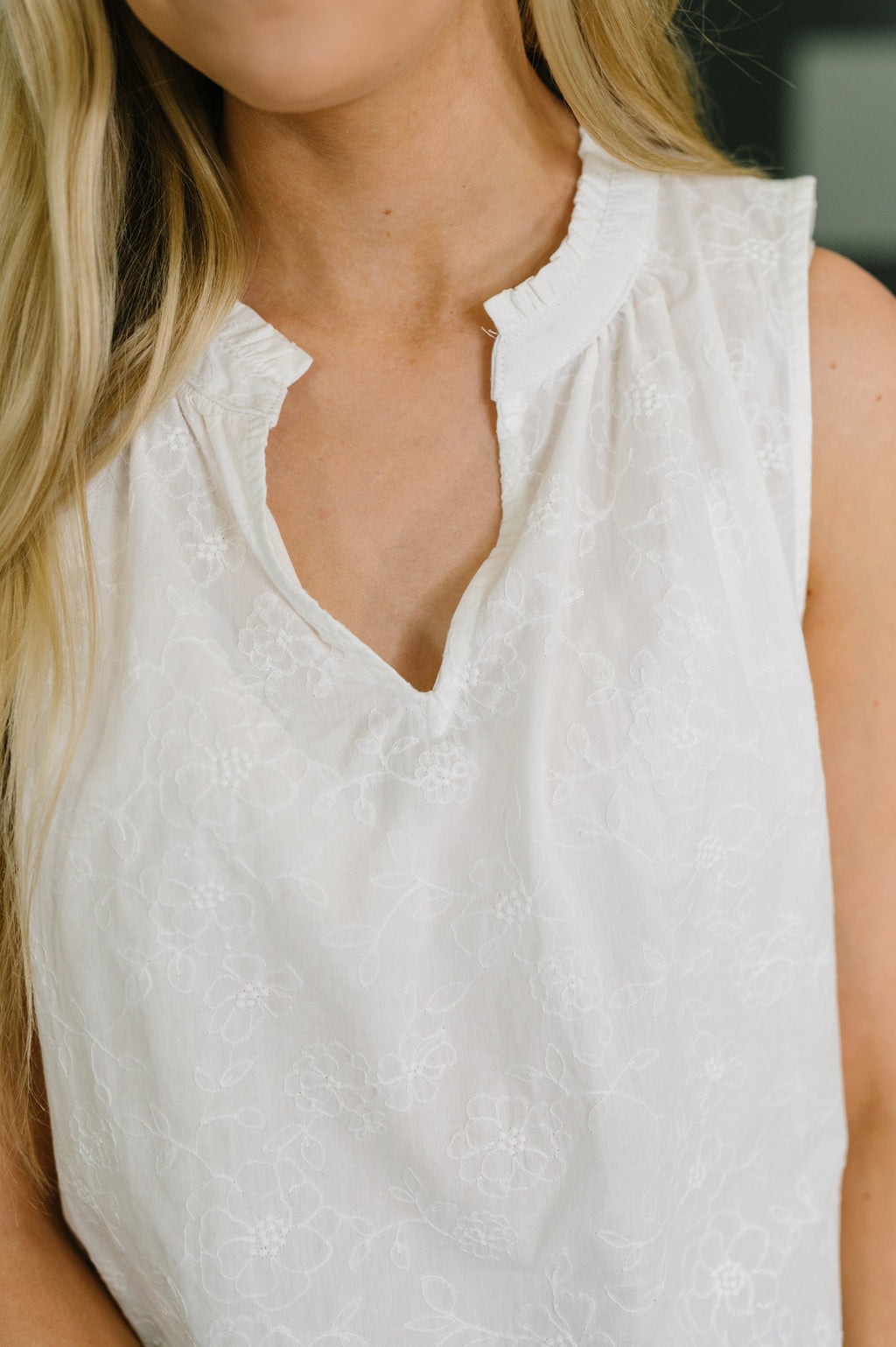 Camellia Embroidered Tank in Off White