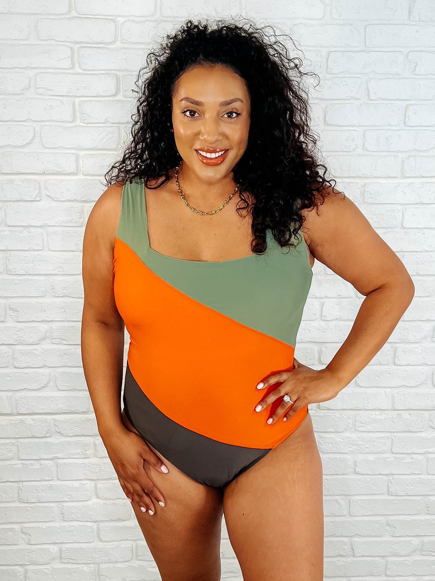 Square Neck Color Block Swimsuit