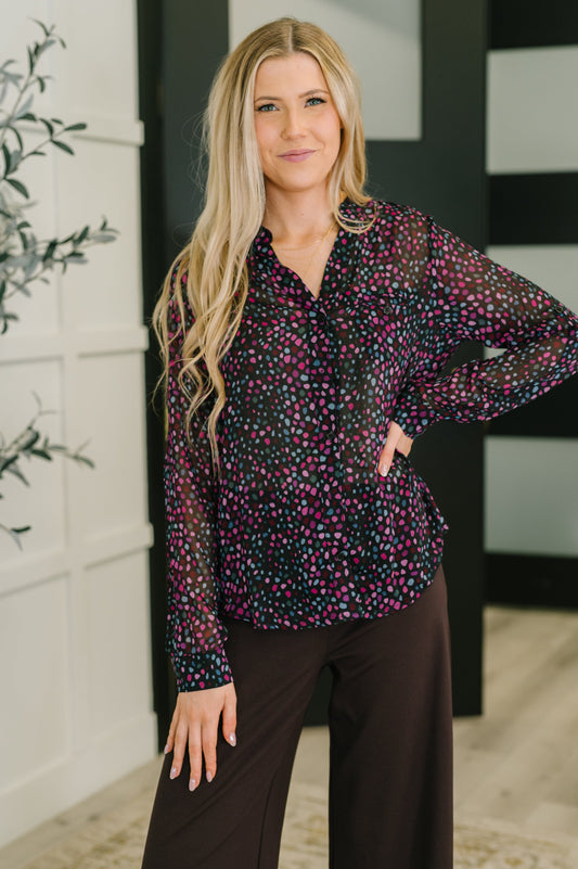 Polka Dot Chiffon Button Front Blouse