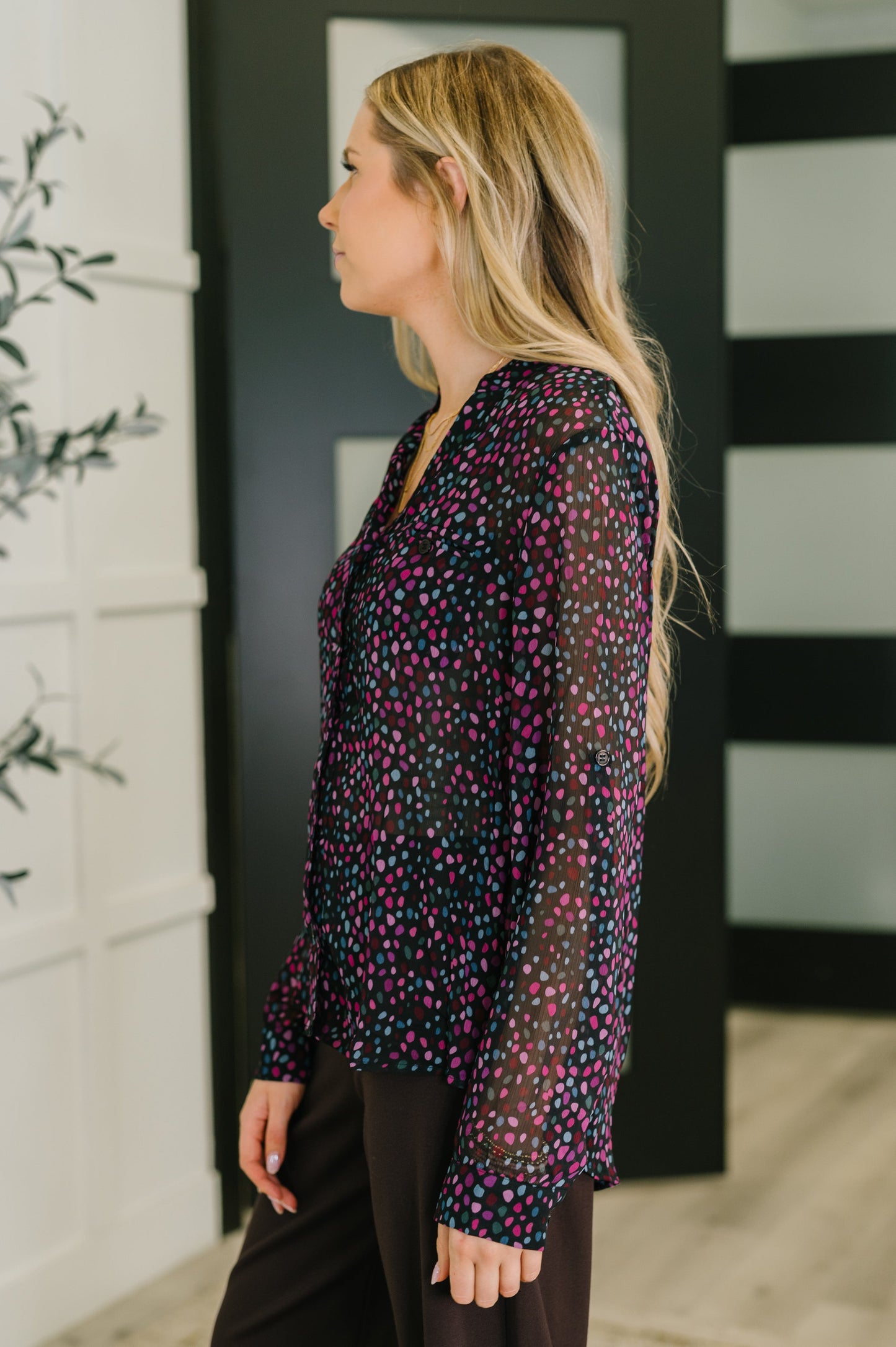 Polka Dot Chiffon Button Front Blouse