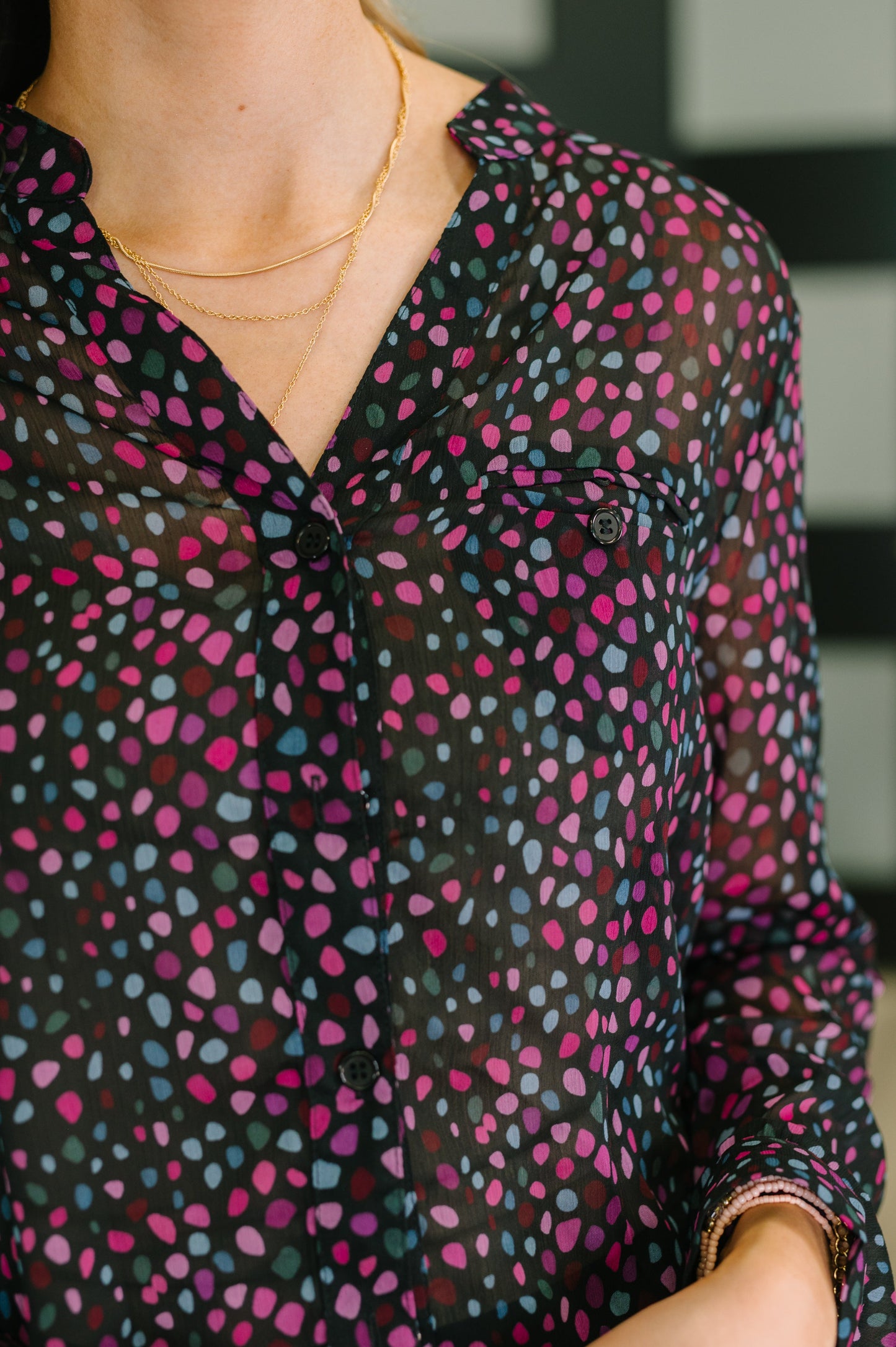 Polka Dot Chiffon Button Front Blouse