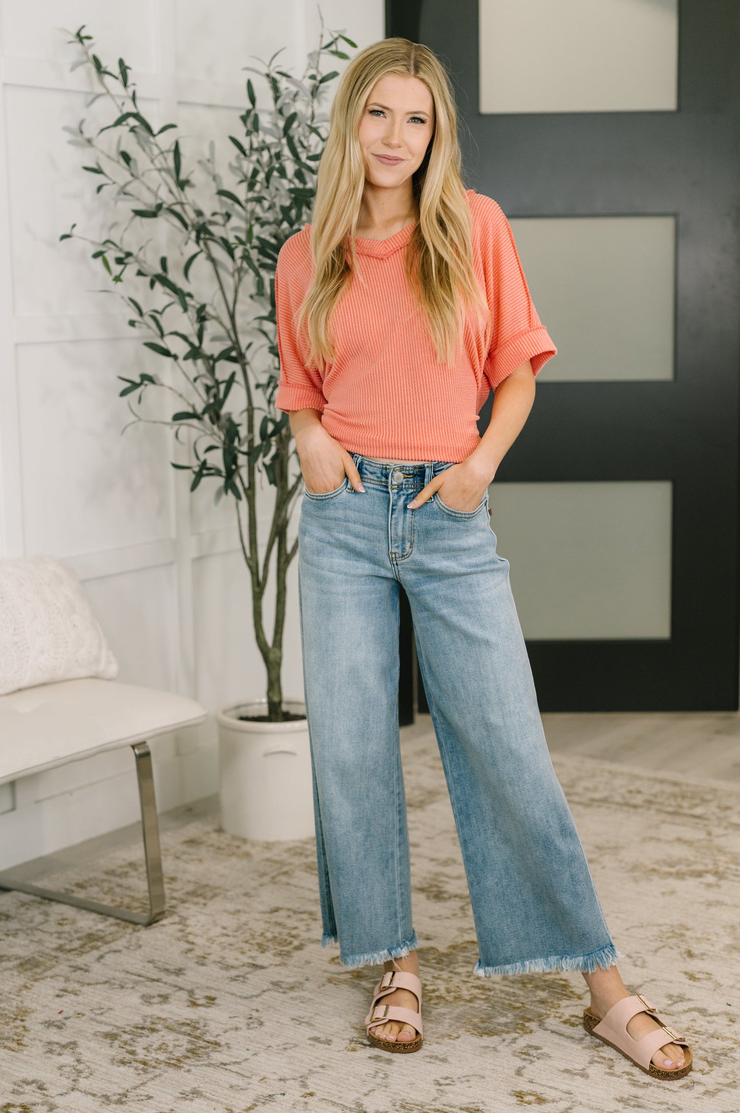 Effortless Cable Ribbed V Neck T Shirt in Coral