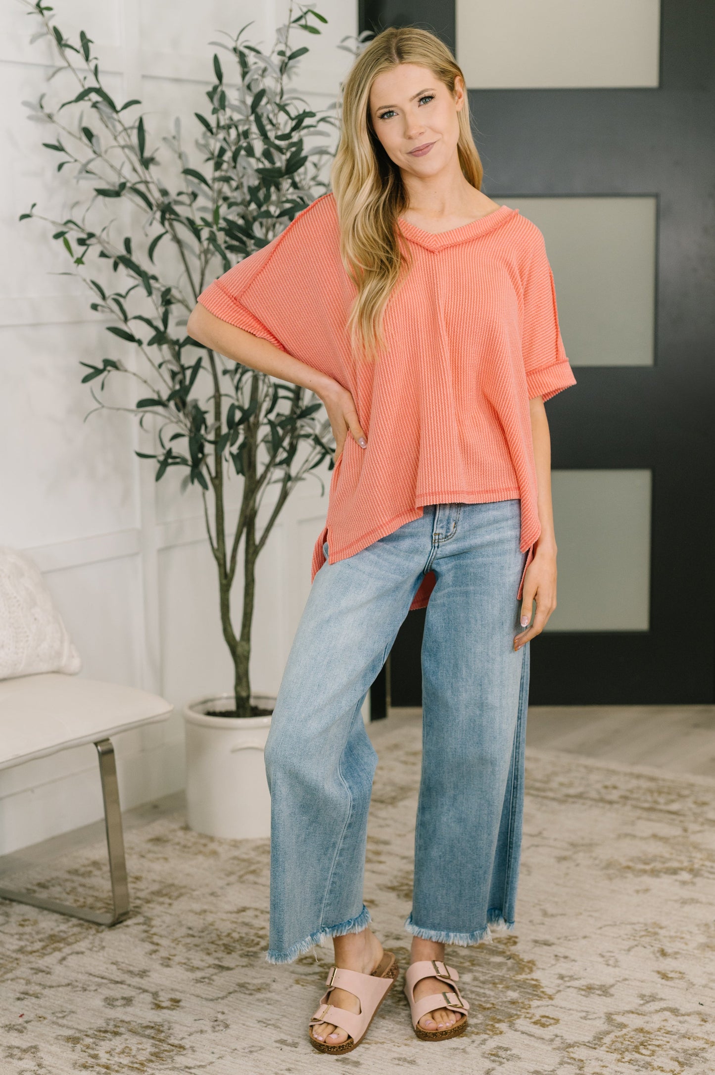 Effortless Cable Ribbed V Neck T Shirt in Coral