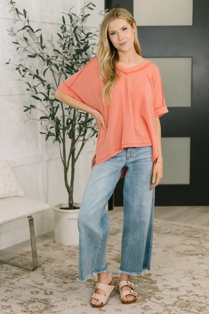 Effortless Cable Ribbed V Neck T Shirt in Coral