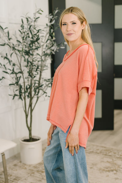 Effortless Cable Ribbed V Neck T Shirt in Coral