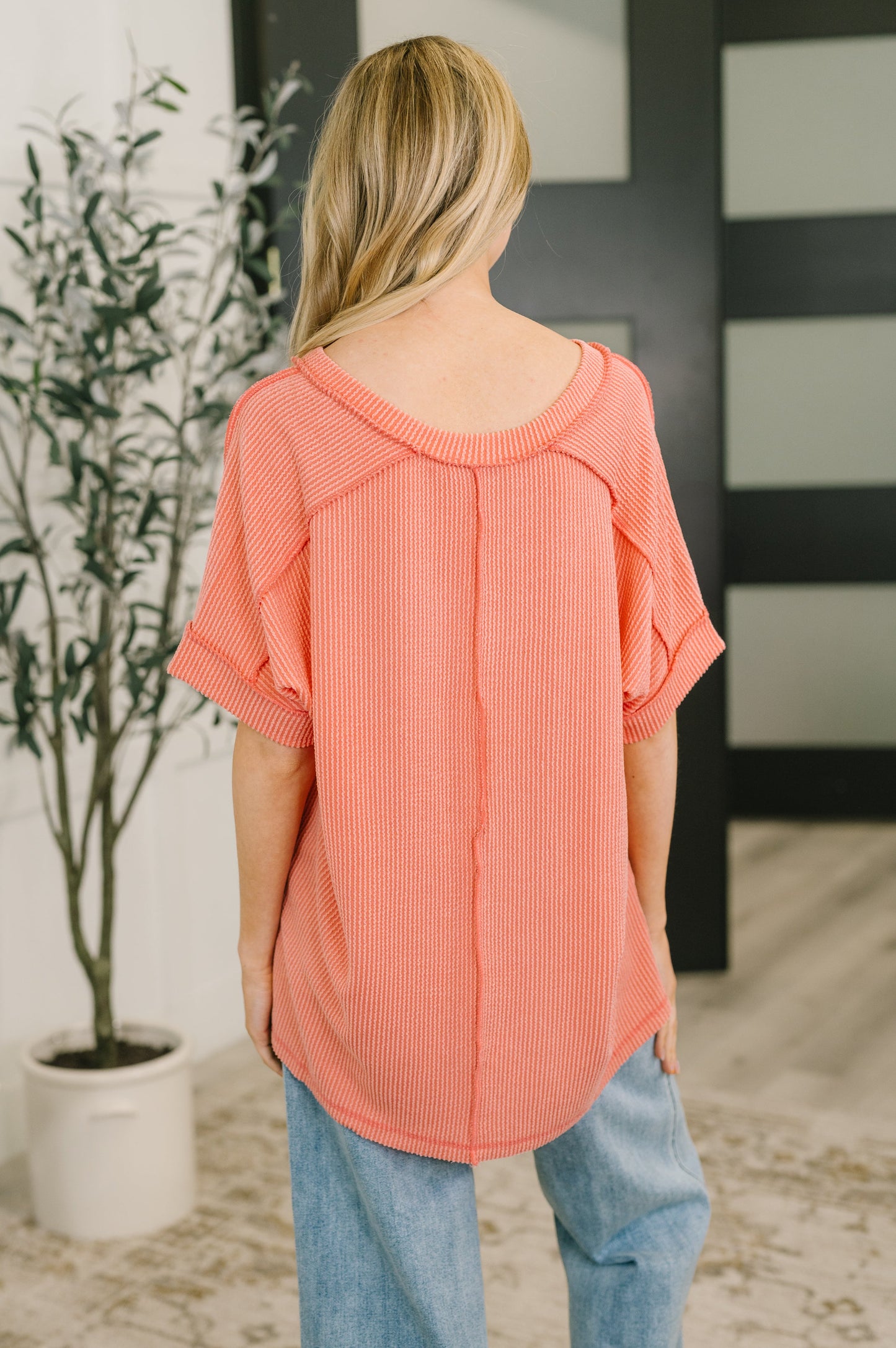 Effortless Cable Ribbed V Neck T Shirt in Coral