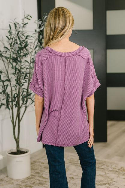 Effortless Cable Ribbed V Neck T Shirt in Light Plum