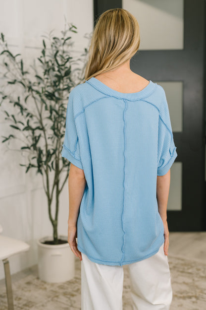 Effortless Cable Ribbed V Neck T Shirt in Spring Blue