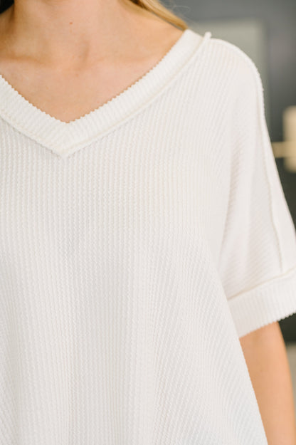 Effortless Cable Ribbed V Neck T Shirt in White