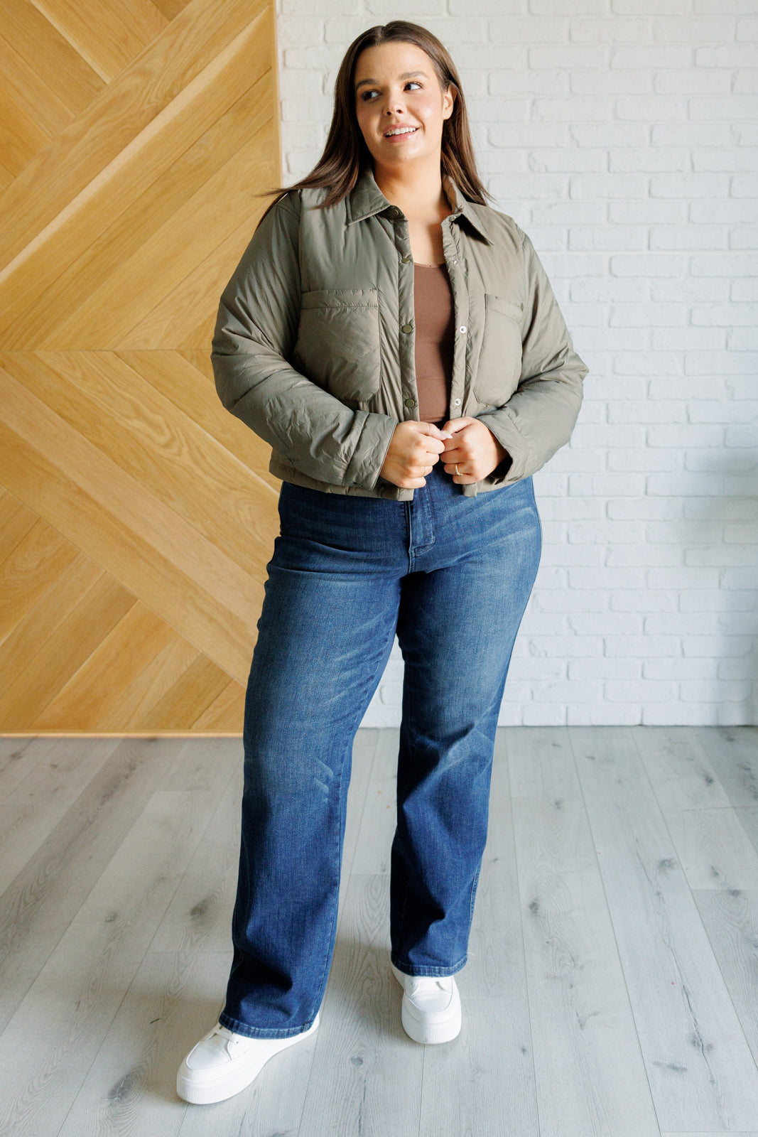 Light on the Layers Cropped Puffer Jacket in Olive