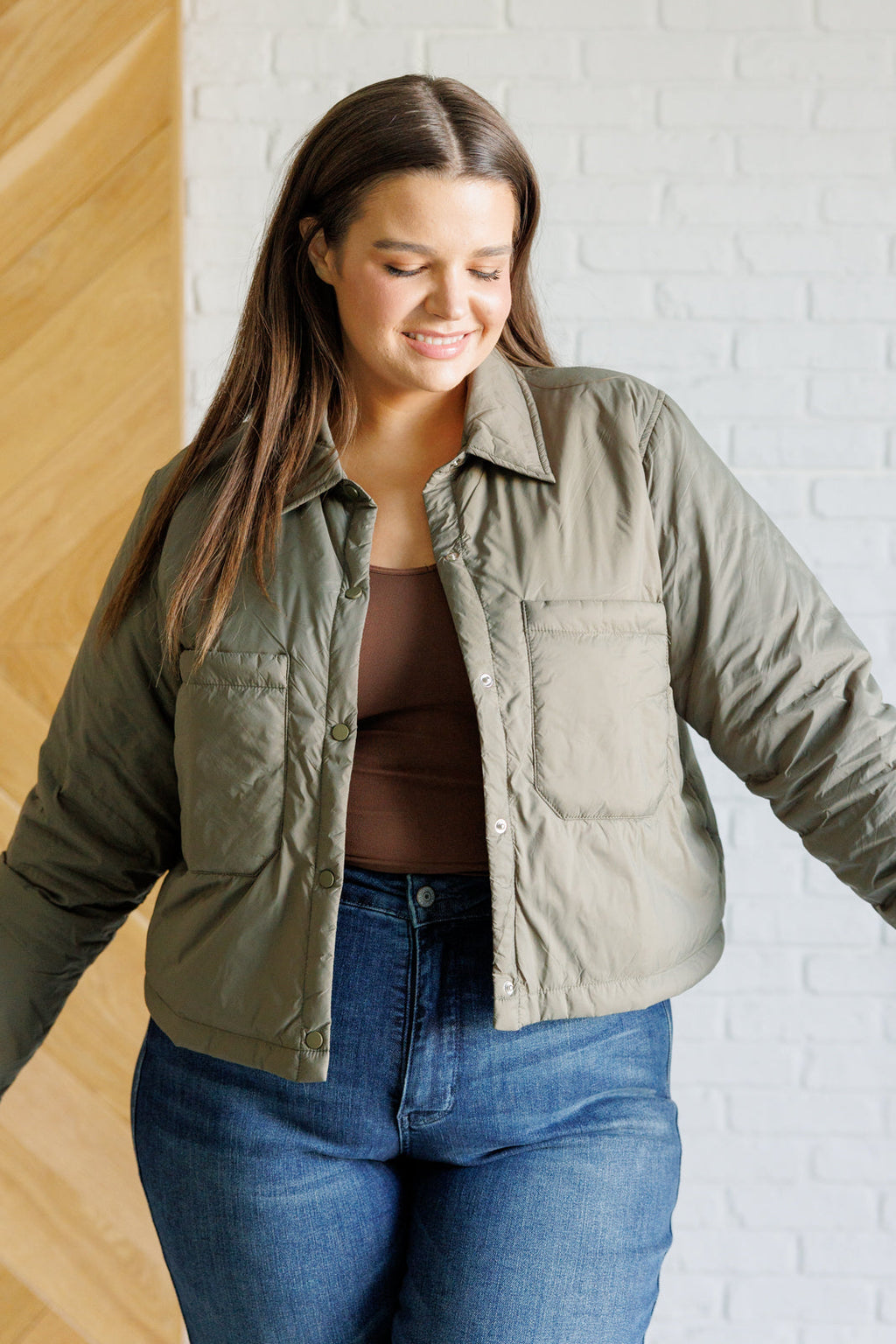 Light on the Layers Cropped Puffer Jacket in Olive