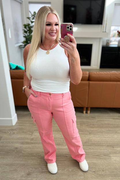 Judy Blue Peggy Cargo Straight Jeans in Pink