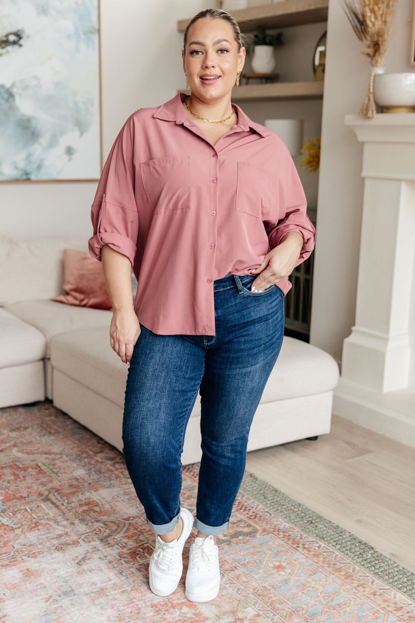 Bulgari Button Up Top with Roll Tab Sleeves