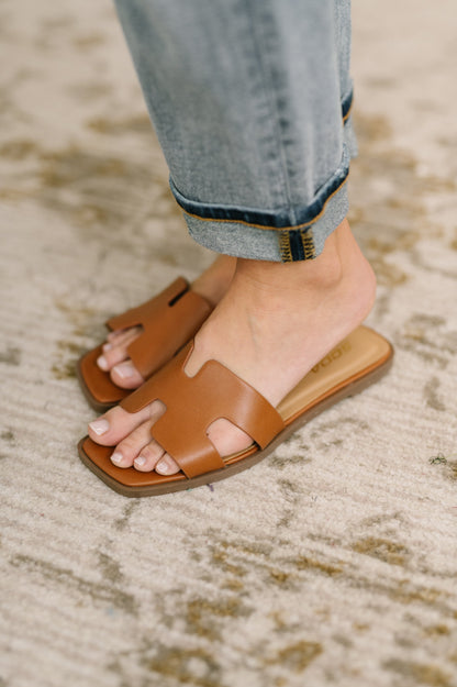 Step Into It Square Toe Slide Sandal in Cognac