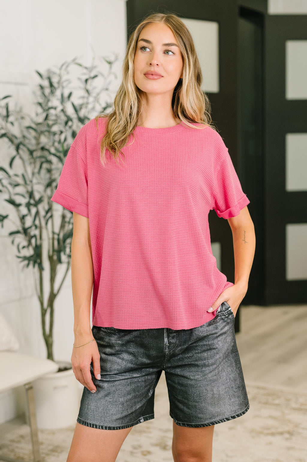 Weekend Plans Waffle Tee in Pink