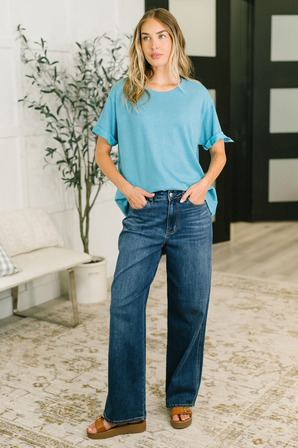 Weekend Plans Waffle Tee in Teal