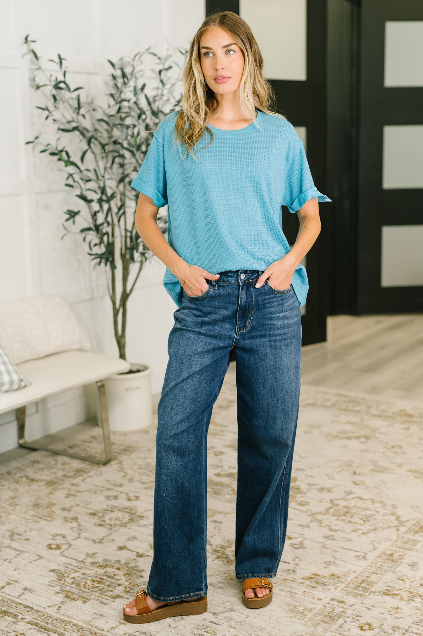Weekend Plans Waffle Tee in Teal