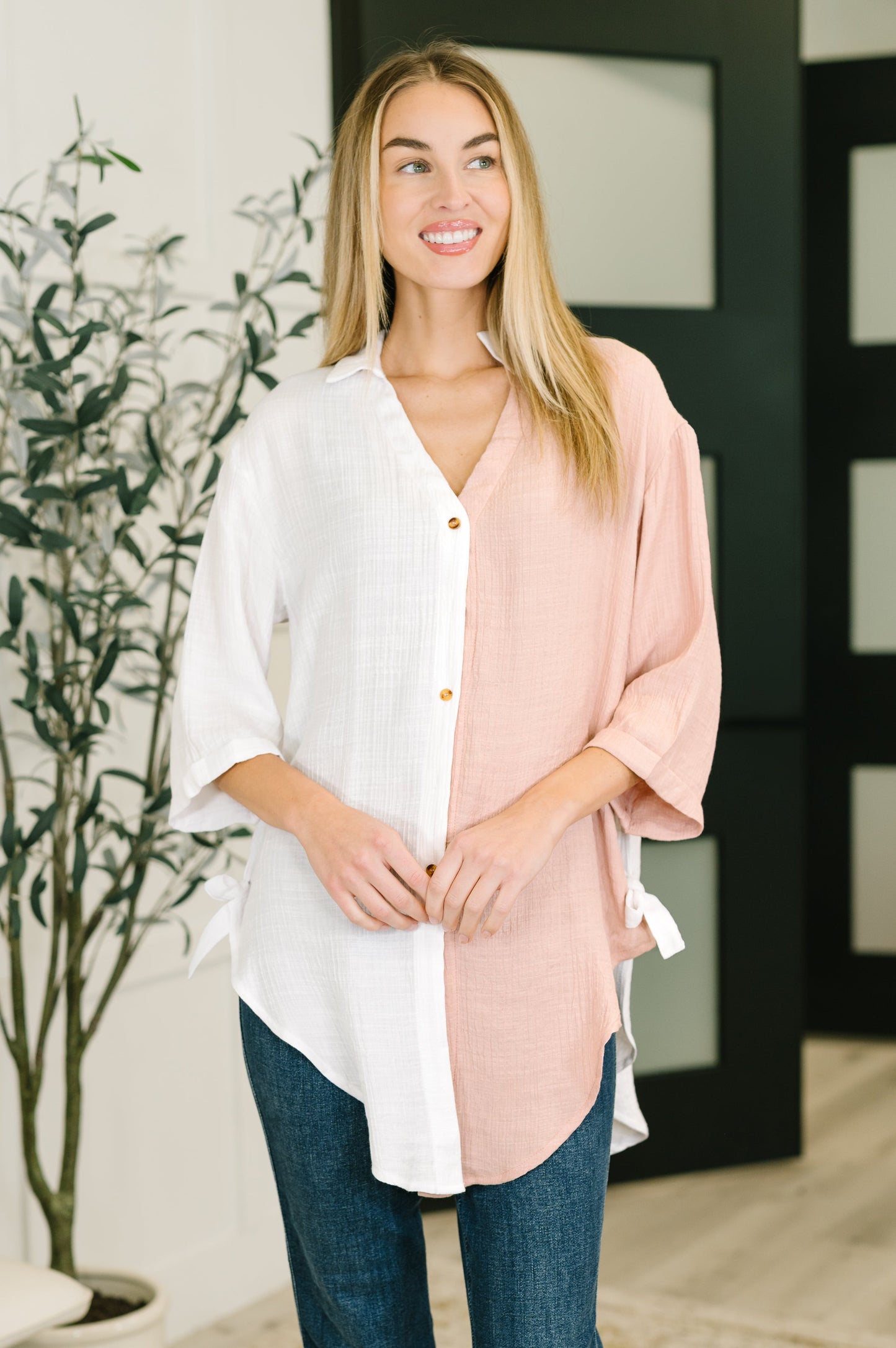 Dual Tone Button Down Top with Side Ties