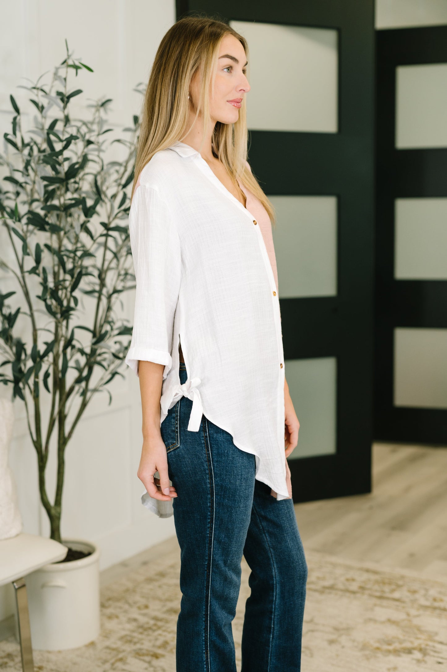 Dual Tone Button Down Top with Side Ties