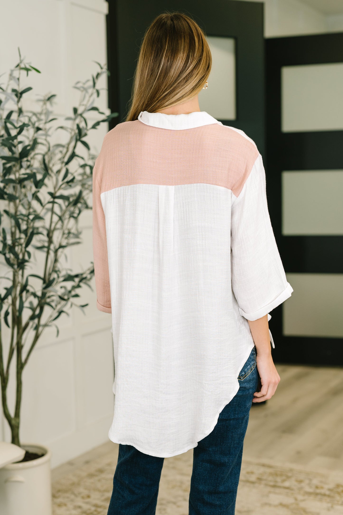 Dual Tone Button Down Top with Side Ties