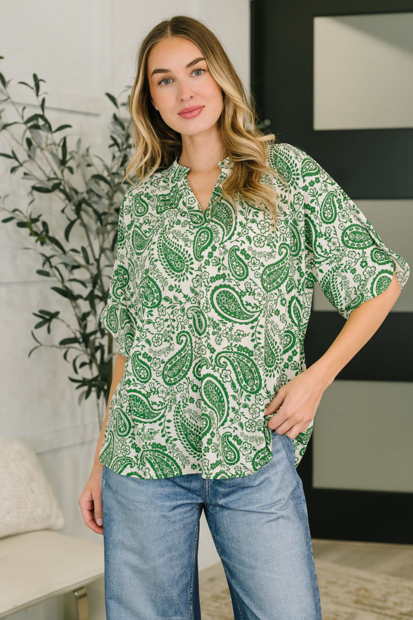 Weekend Colorburst Top in Green Paisley