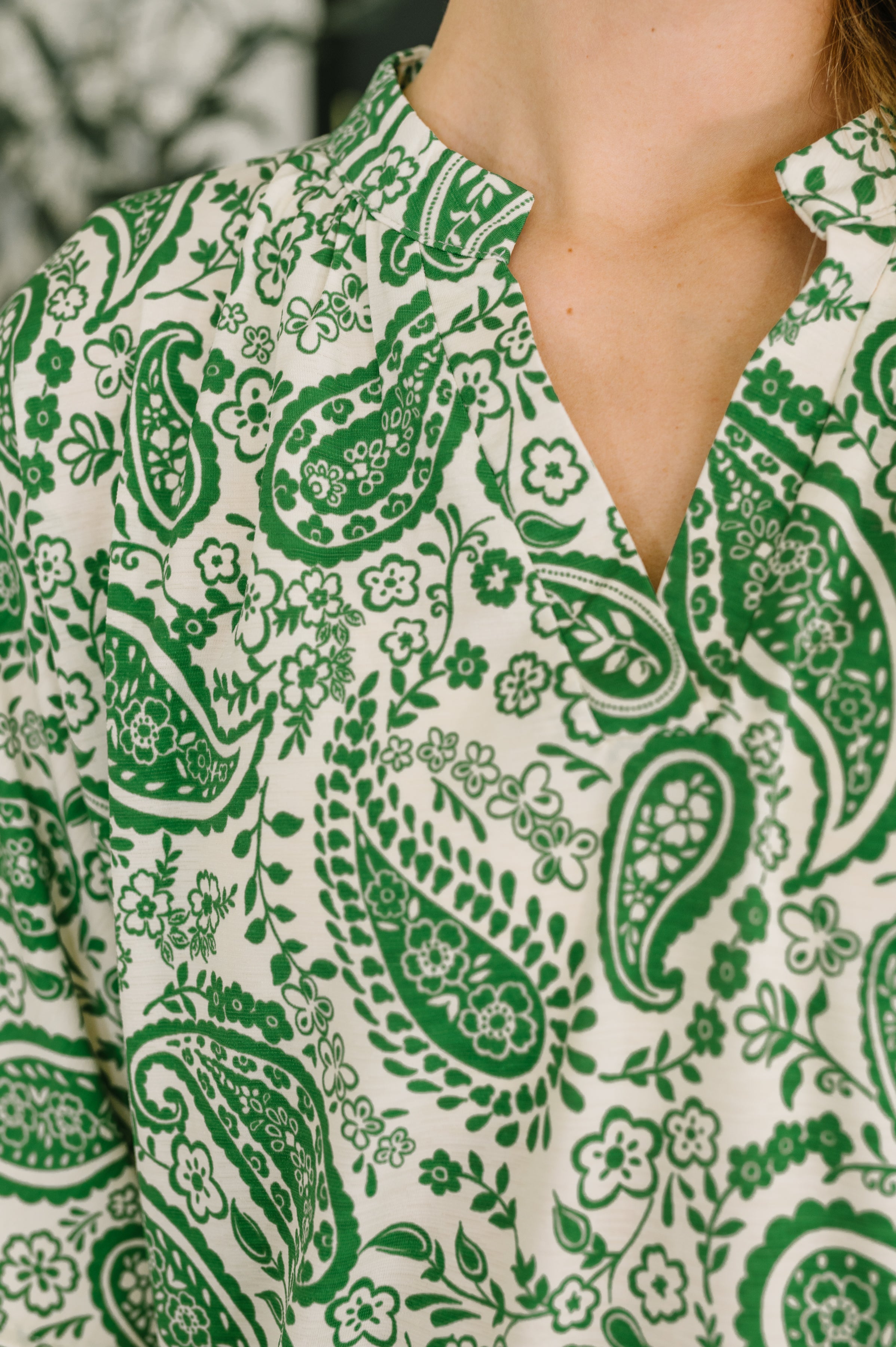 Weekend Colorburst Top in Green Paisley