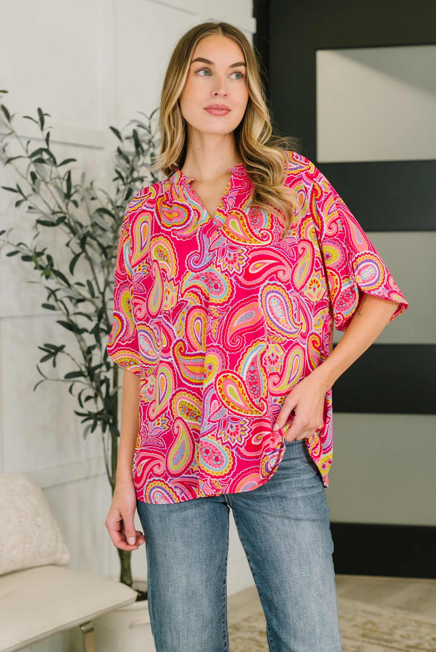 Weekend Colorburst Top in Hot Pink Paisley