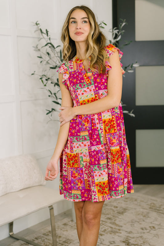 Patchwork Floral Flutter Sleeve Dress