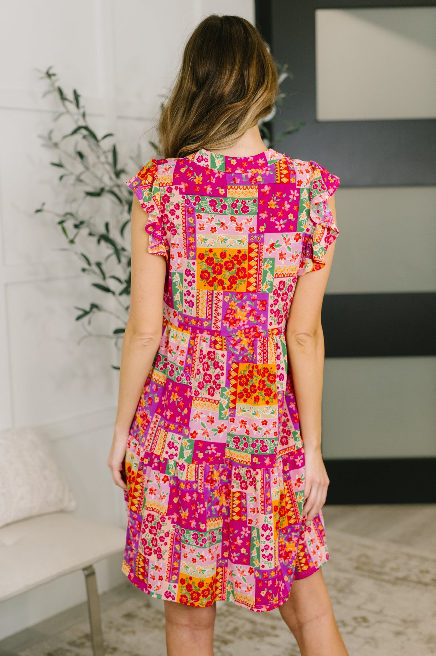 Patchwork Floral Flutter Sleeve Dress