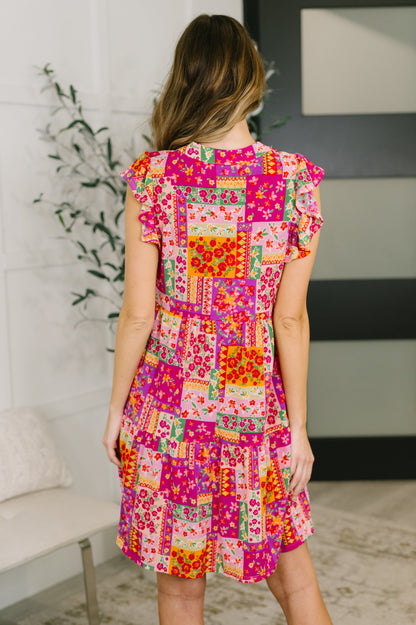 Patchwork Floral Flutter Sleeve Dress