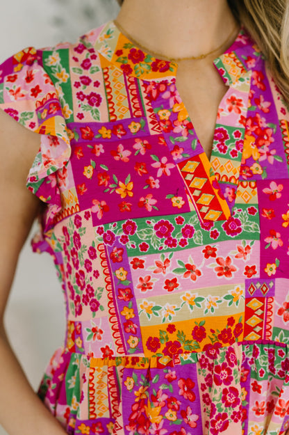 Patchwork Floral Flutter Sleeve Dress