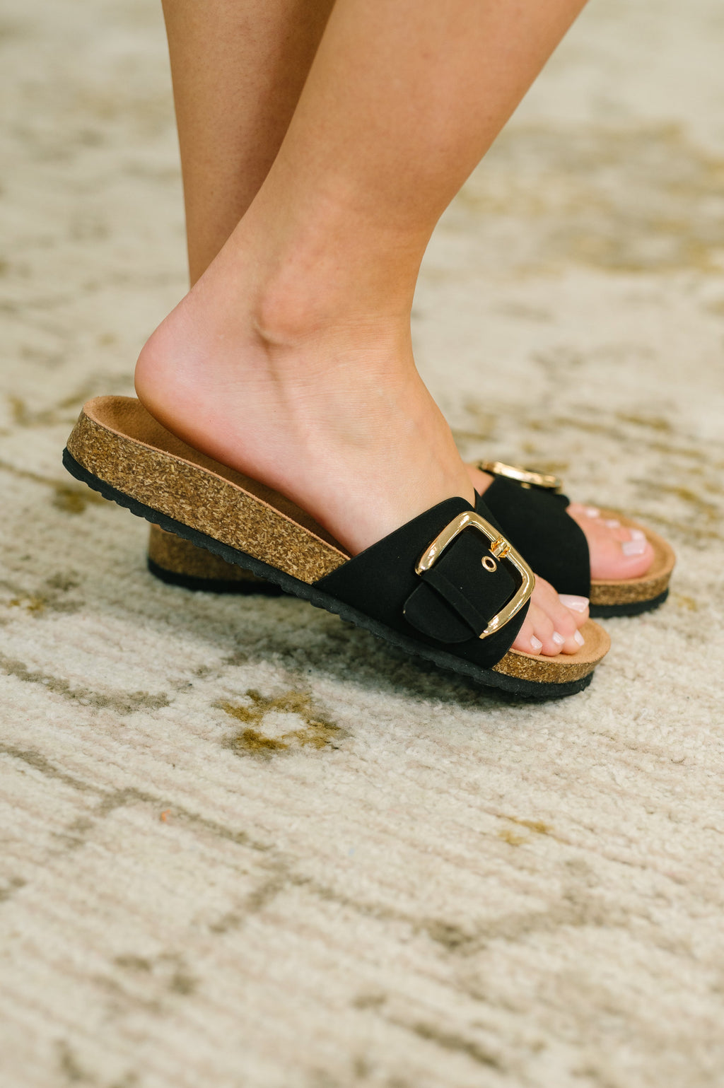 Lizzy Buckle Slide Sandals in Black