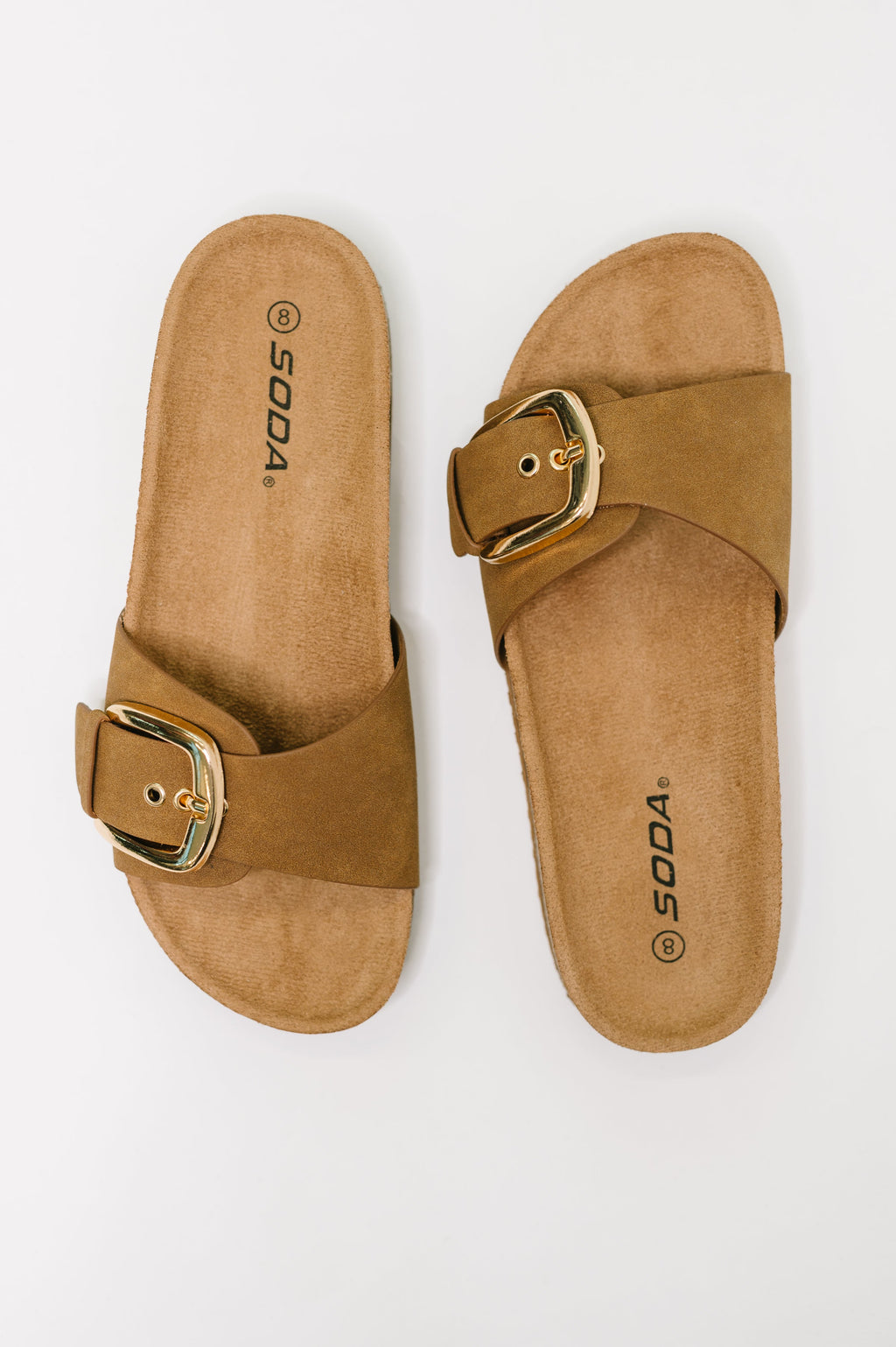 Lizzy Buckle Slide Sandals in Tan