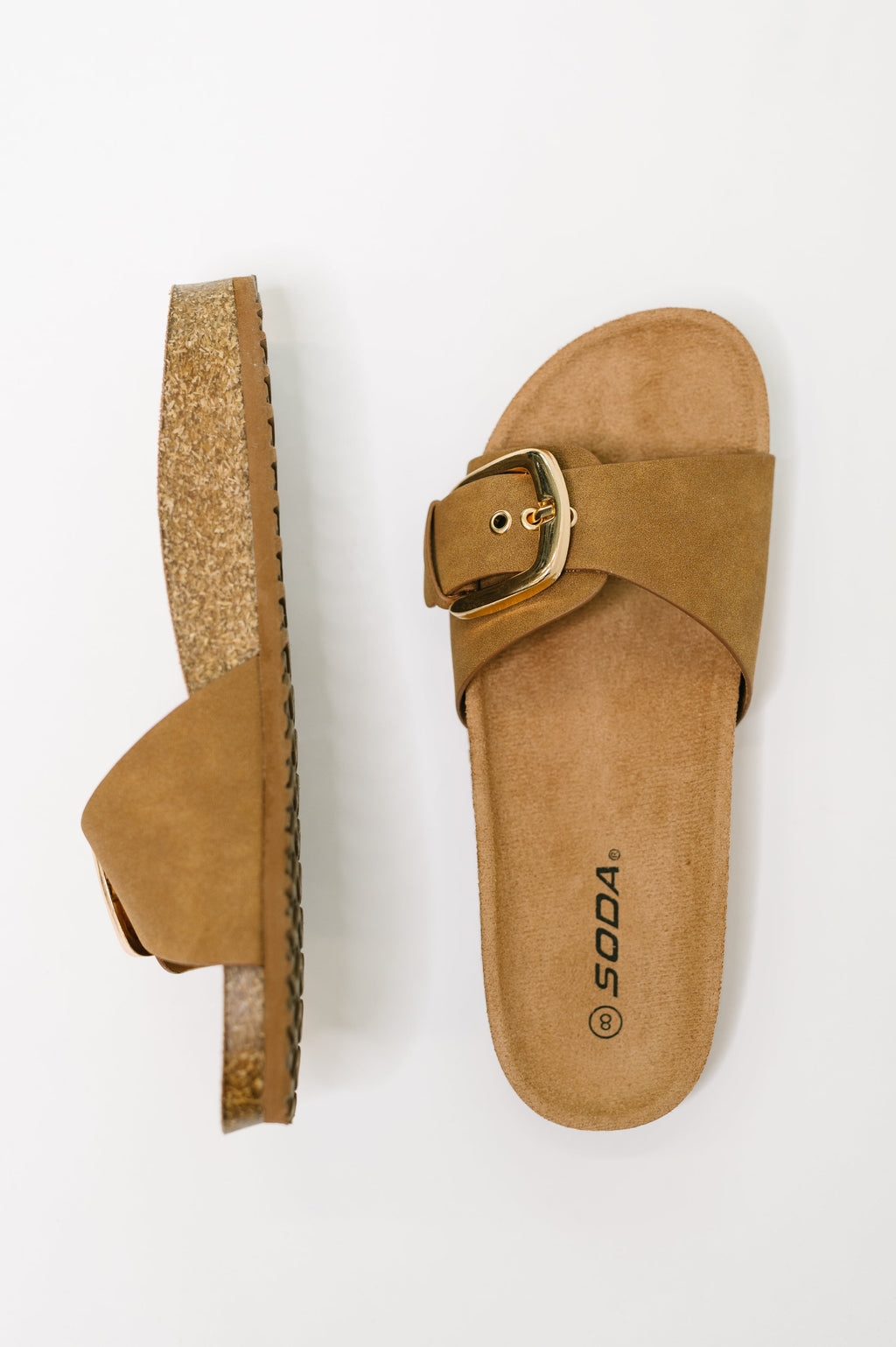 Lizzy Buckle Slide Sandals in Tan