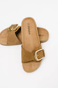 Lizzy Buckle Slide Sandals in Tan