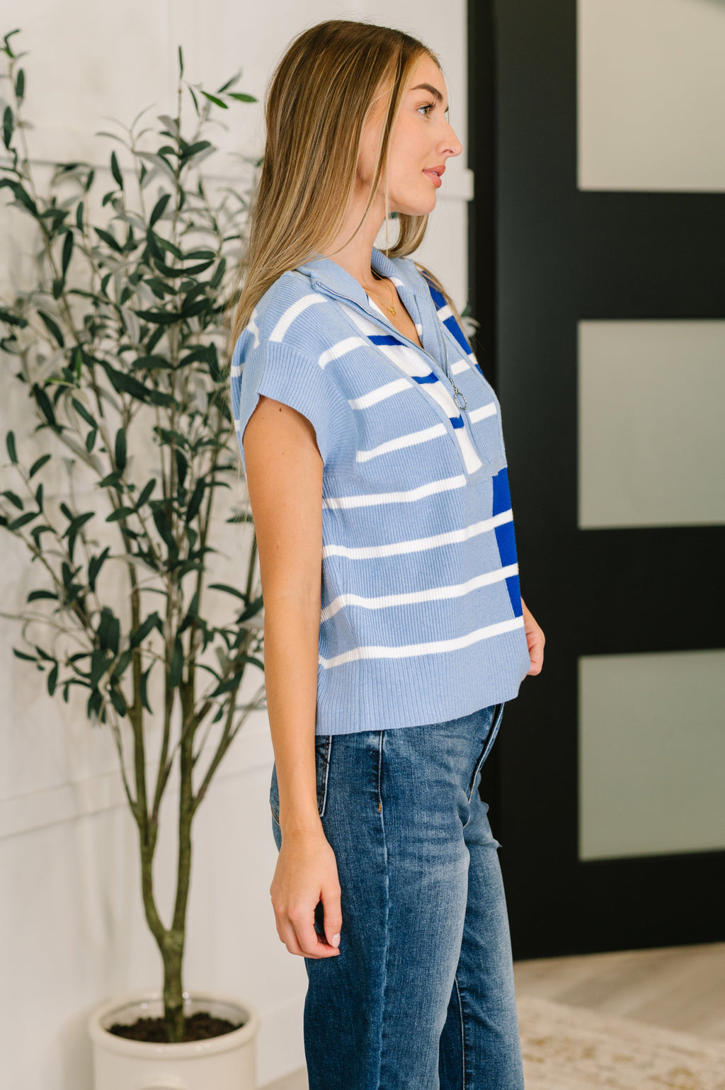 Harbor Stripe Quarter Zip Vest in Blue