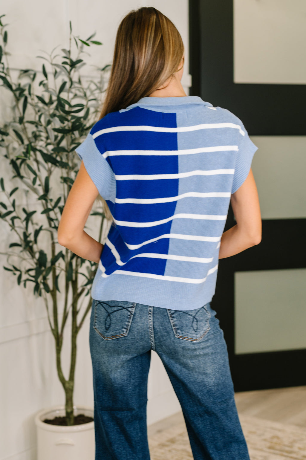 Harbor Stripe Quarter Zip Vest in Blue