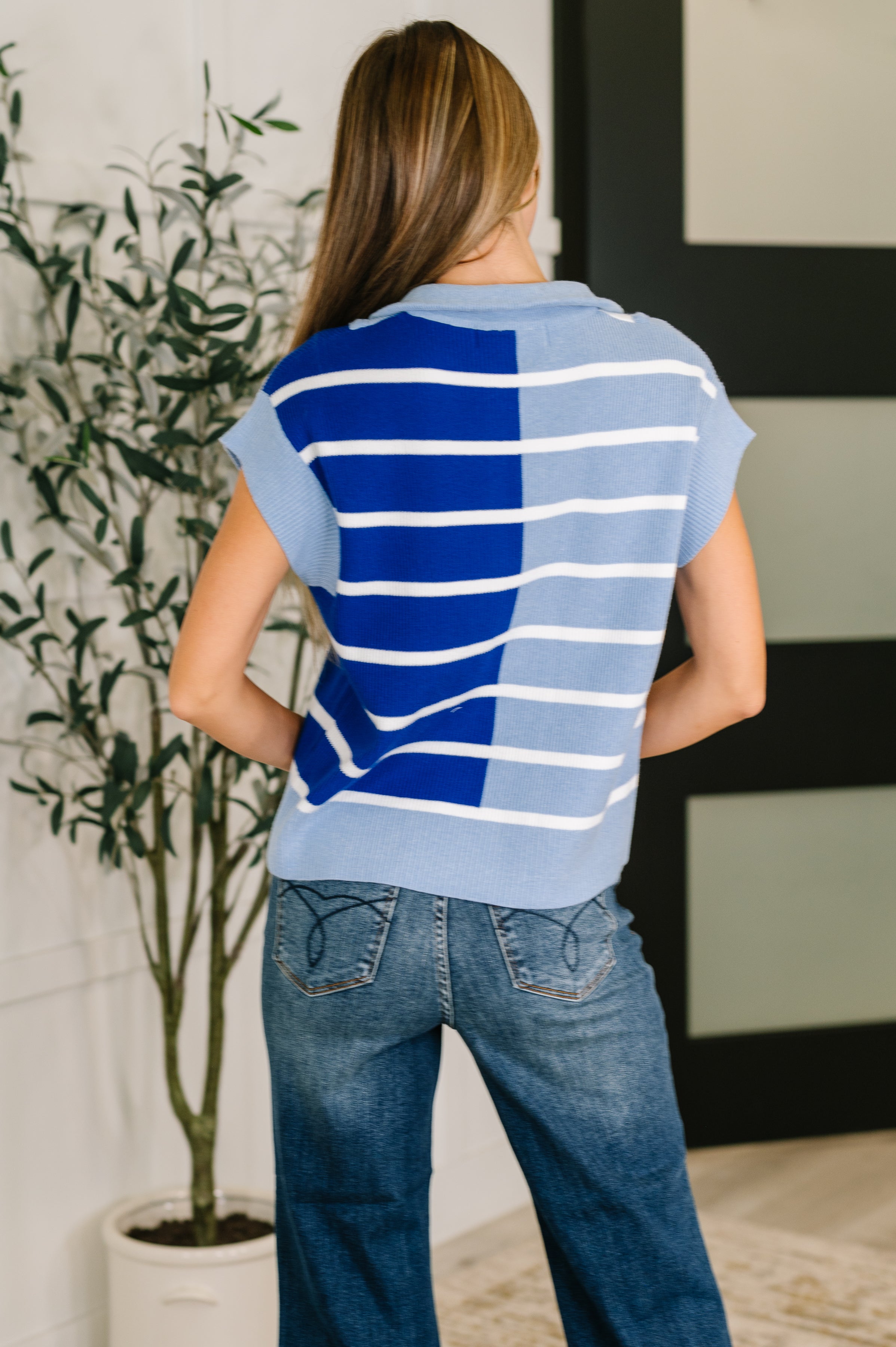 Harbor Stripe Quarter Zip Vest in Blue