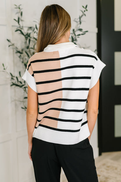 Striped Ribbed Quarter Zip Vest in White