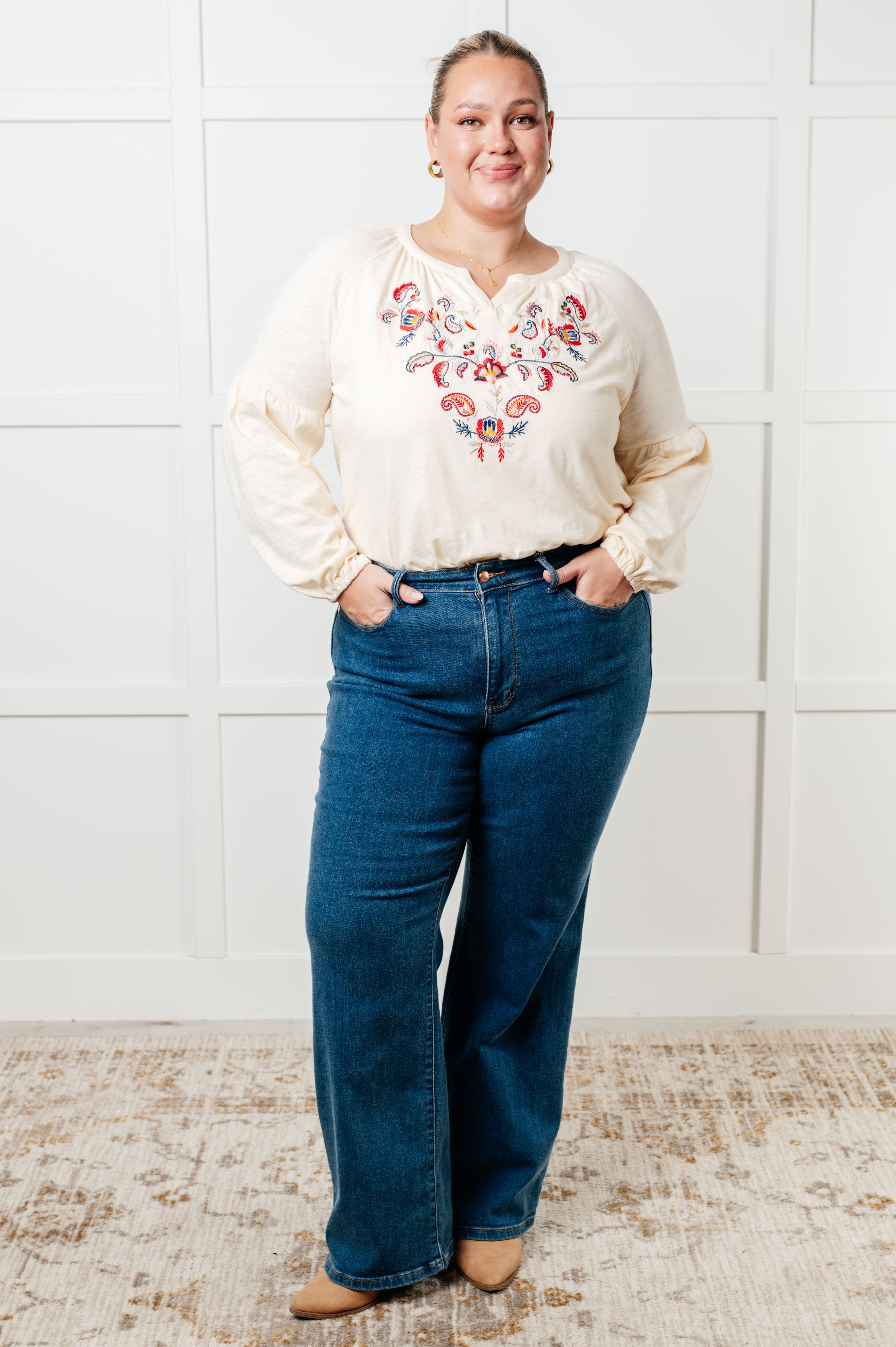 Wildflower Embroidered Bishop Sleeve Blouse