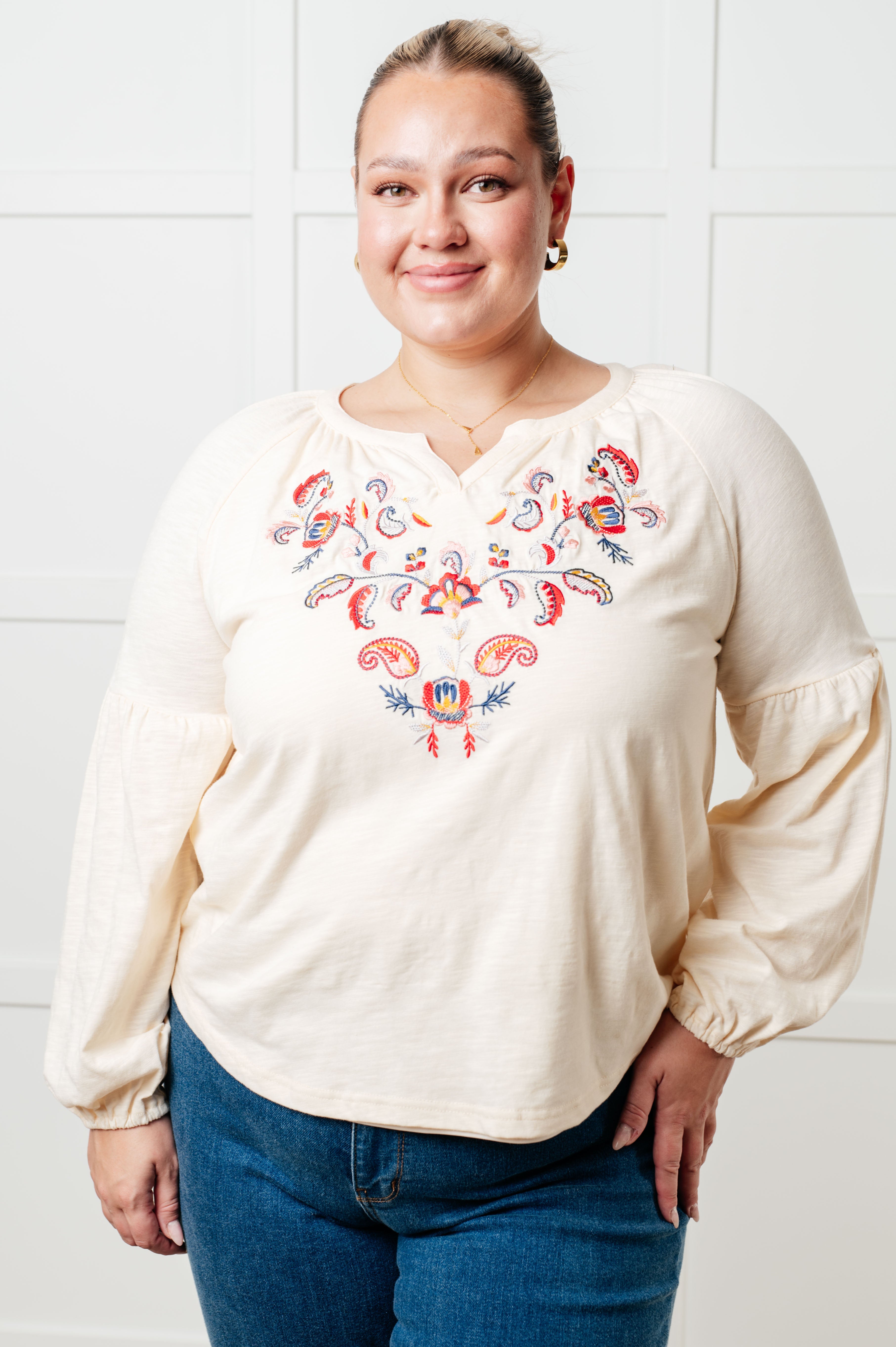 Wildflower Embroidered Bishop Sleeve Blouse