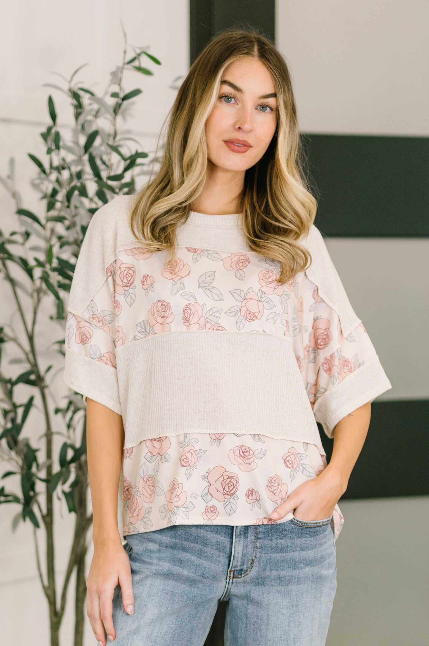Relaxed Color Block Ribbed Top
